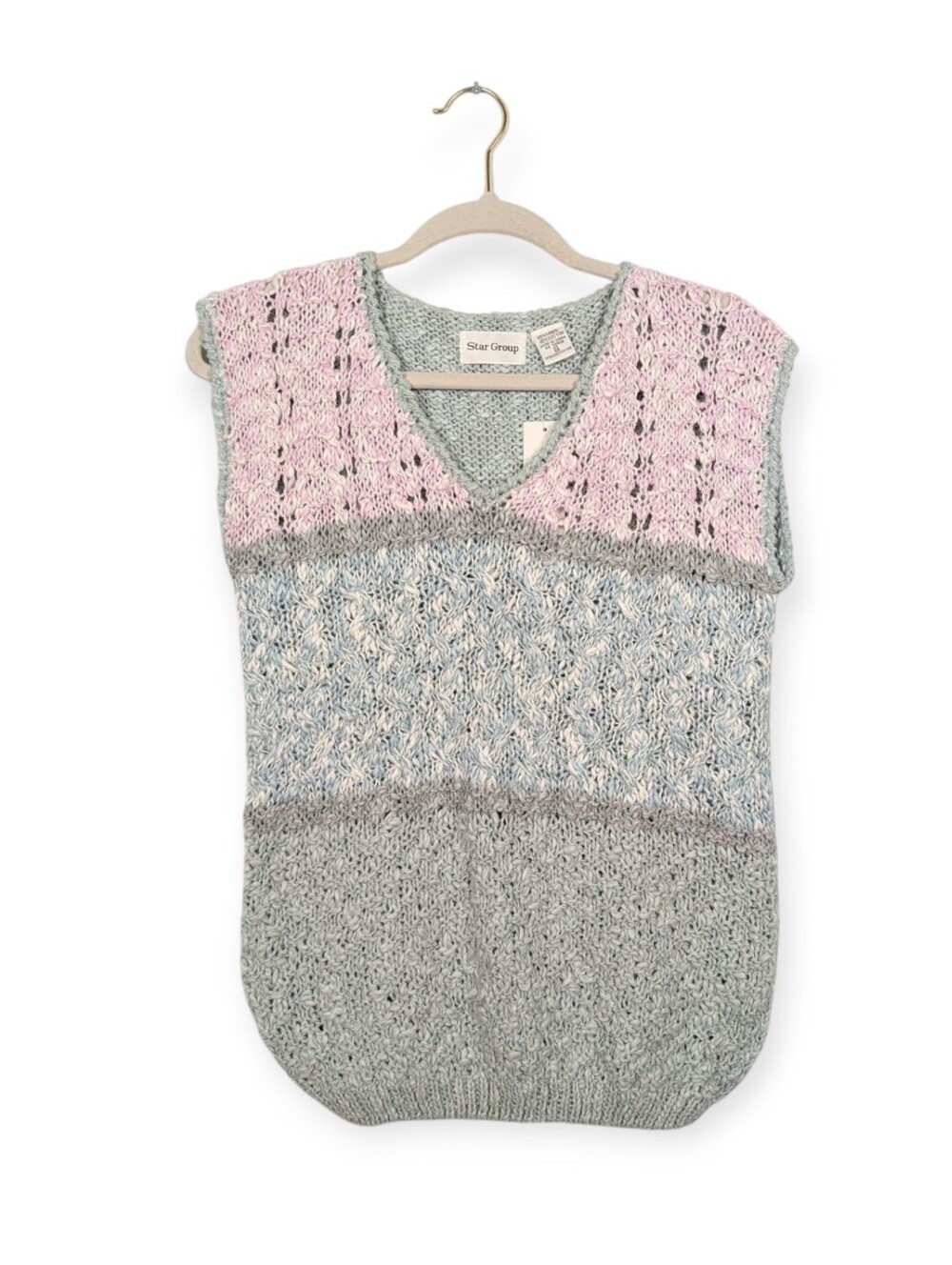Star Group Knit Tunic Top S Grey & Pink Linen Blend V-Neck Sweater Top NWT